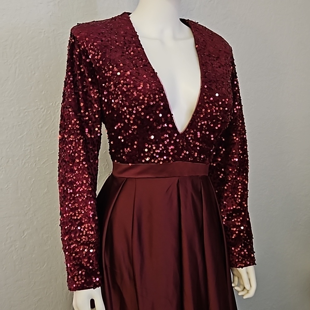 TS Couture Purple Satin Velvet Sequin Deep V Long Sleeve Formal Ball Gown - Picture 3 of 8
